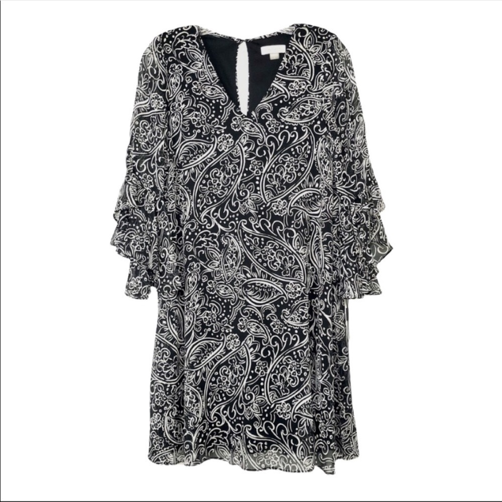 Calvin Klein Black and White Pattern Long Sleeve Dress
